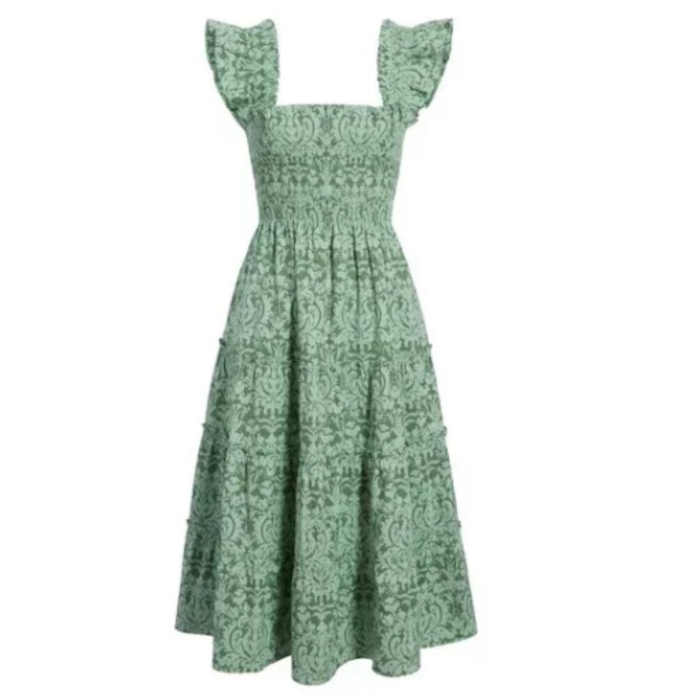 Hill House Ellie Nap in Green Jacquard Print Smocked Midi Dress Size S